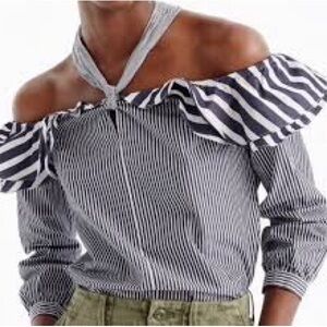 J Crew Women's Blue White Striped Off Shoulder Tie Neck Ruffle Top Blouse Sz 10